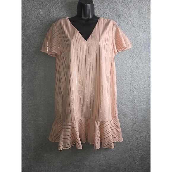 Anna Cate Veronica Dress S Peach Rose Gold V-Neck Ruffle Hem Metallic Stripe - Picture 1 of 10